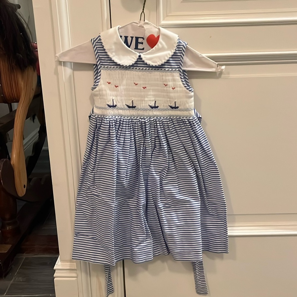 Girls size 3 blue and white striped dress with sail boats and bow
